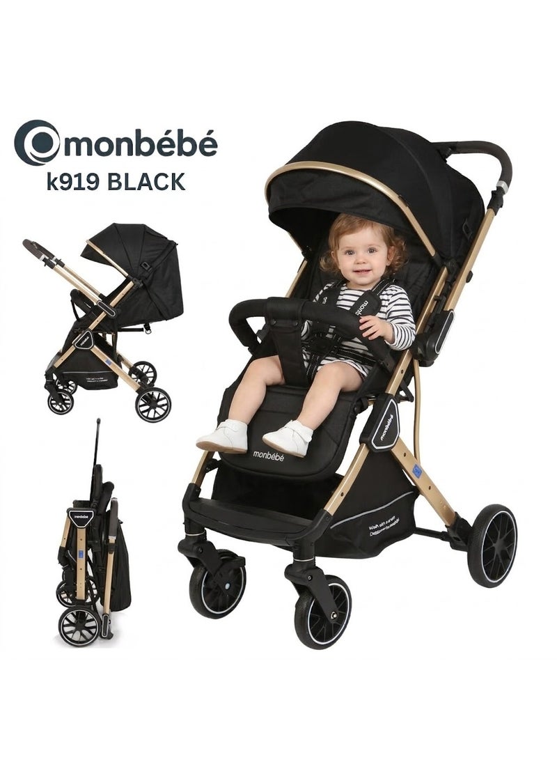 Monbébé k919 Compact Baby Stroller with 5-Point Harness, Black