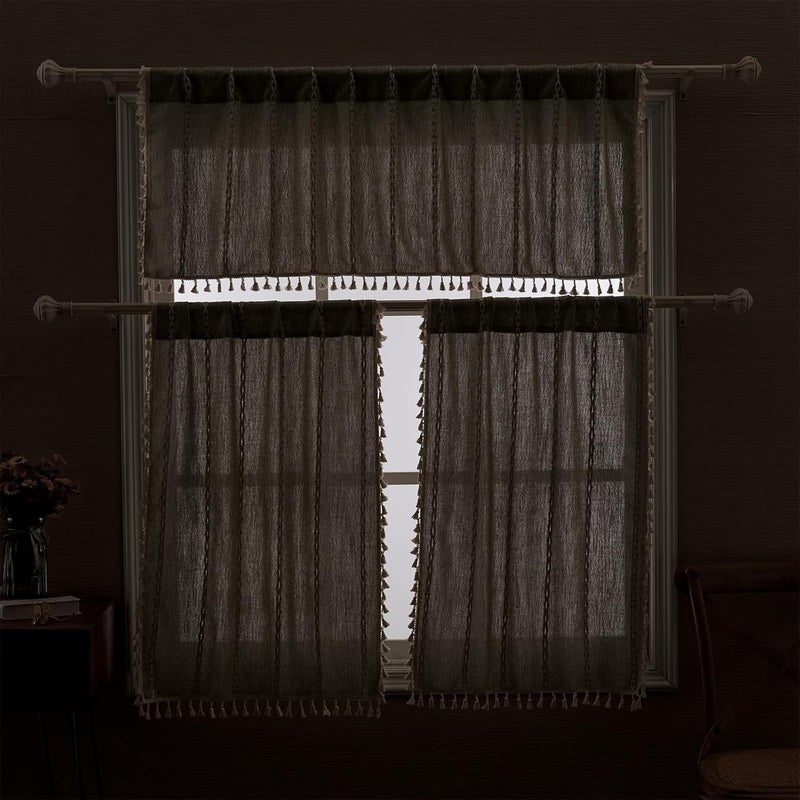 RoomTalks Green Boho Farmhouse Kitchen Curtains 54 Inch Length French Striped Modern Vintage Chic Textured Tassel Charcoal Short Cafe Curtains for Small Window Kitchen Bathroom Decor - Image 4