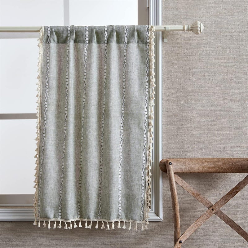 RoomTalks Green Boho Farmhouse Kitchen Curtains 54 Inch Length French Striped Modern Vintage Chic Textured Tassel Charcoal Short Cafe Curtains for Small Window Kitchen Bathroom Decor - Image 2