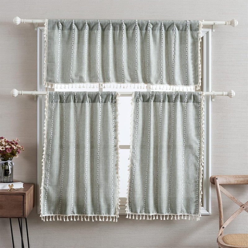 RoomTalks Green Boho Farmhouse Kitchen Curtains 54 Inch Length French Striped Modern Vintage Chic Textured Tassel Charcoal Short Cafe Curtains for Small Window Kitchen Bathroom Decor - Image 3