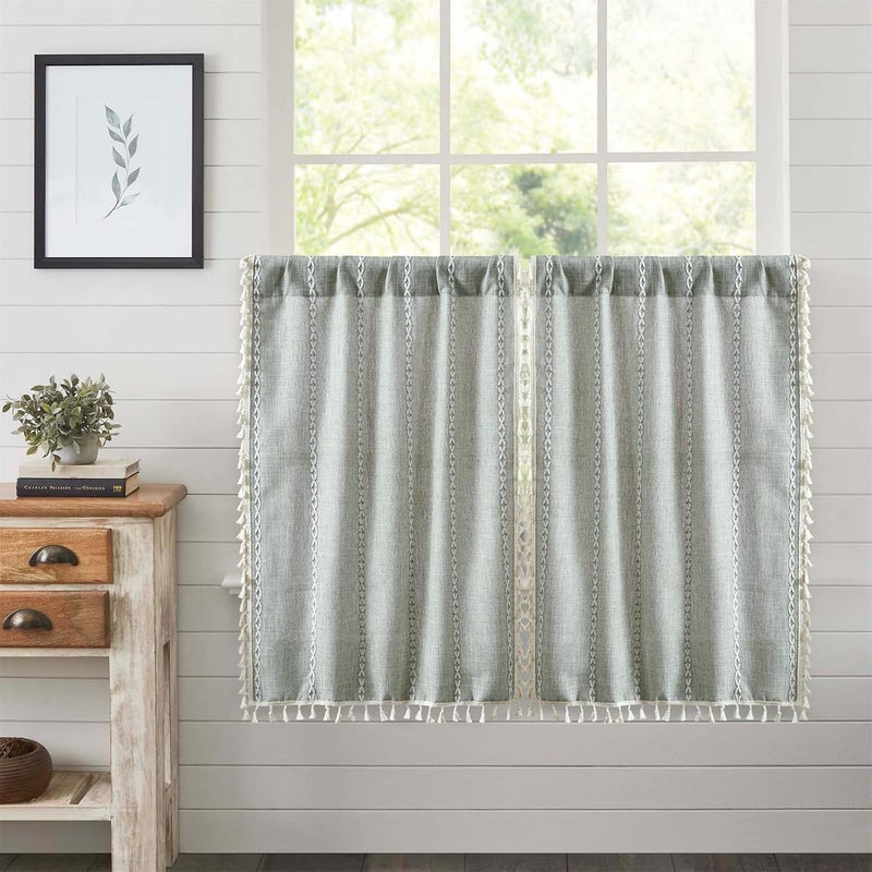 RoomTalks Green Boho Farmhouse Kitchen Curtains 54 Inch Length French Striped Modern Vintage Chic Textured Tassel Charcoal Short Cafe Curtains for Small Window Kitchen Bathroom Decor - Image 1