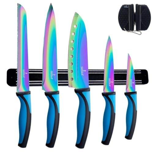 SiliSlick Kitchen Knife Set Kit, 5 Dishwasher Safe Colorful Knives, Knife Sharpener & Magnetic Wall Bar, Titanium Non Stick Plating Stainless Steel - Image 1