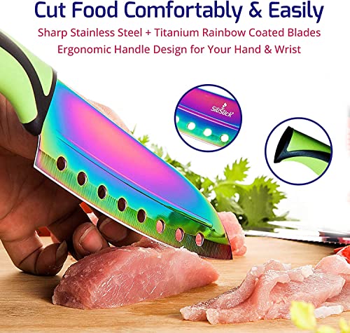 SiliSlick Kitchen Knife Set Kit, 5 Dishwasher Safe Colorful Knives, Knife Sharpener & Magnetic Wall Bar, Titanium Non Stick Plating Stainless Steel - Image 3