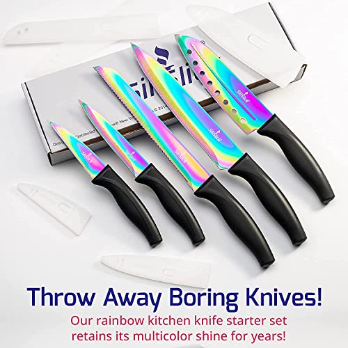 SiliSlick Kitchen Knife Set Kit, 5 Dishwasher Safe Colorful Knives, Knife Sharpener & Magnetic Wall Bar, Titanium Non Stick Plating Stainless Steel - Image 2