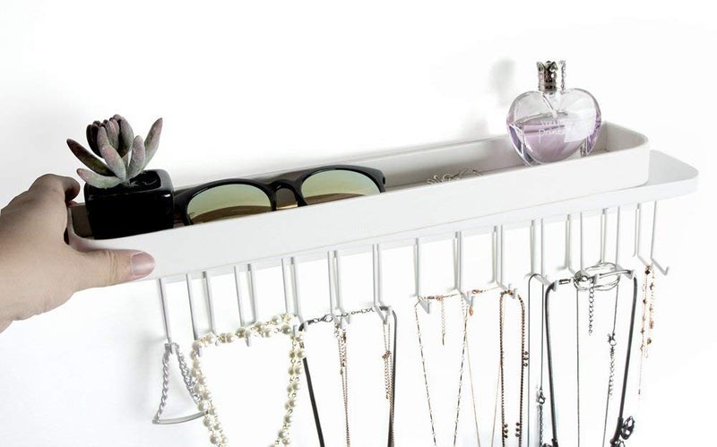 J JACKCUBE DESIGN Necklace Holder Wall Mounted Jewelry Organizer for Bracelet, Earrings and Rings with 25 Hooks - Aesthetic Room Decor Bedroom Shelf Rack (White) - MK124C - Image 3