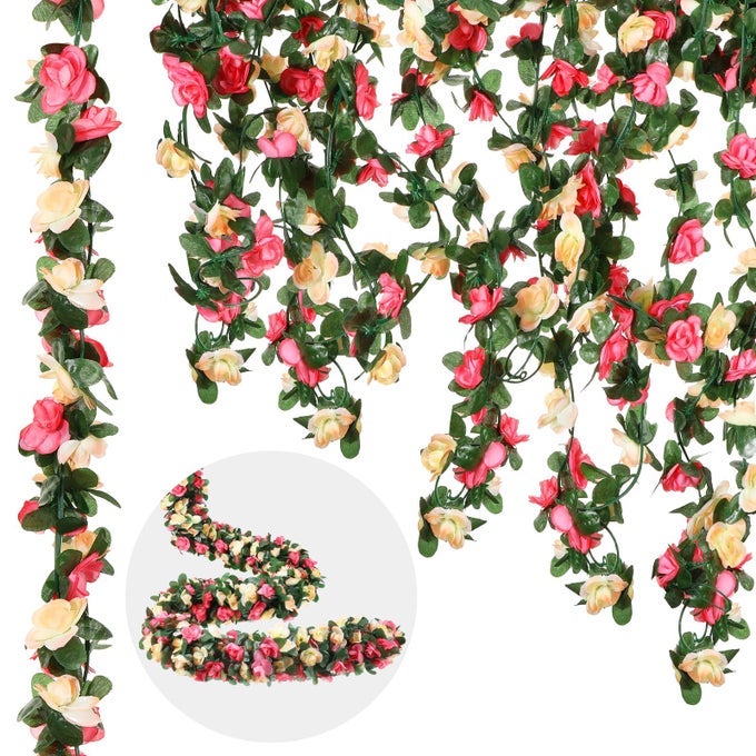12 Pcs 100 ft Flower Garland Artificial Rose Vine with Green Leaves Hanging Artificial Flower Vines Ivy Garlands Wall Garden Decor for Room Wedding Birthday Arch DecorChampagne