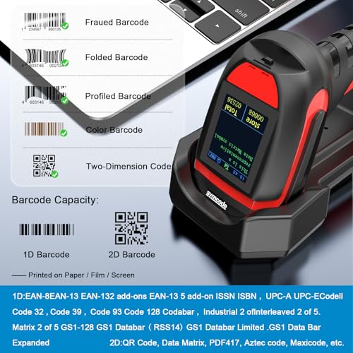 Symcode 2D Industrial Barcode Scanner with Charging Stand and Screen, 433Mhz 2-in-1 Bluetooth Wireless Hands-Free Barcode Reader Rugged Heavy Duty 2000 Feet Transmission Distance for Large Warehouse. - Image 4