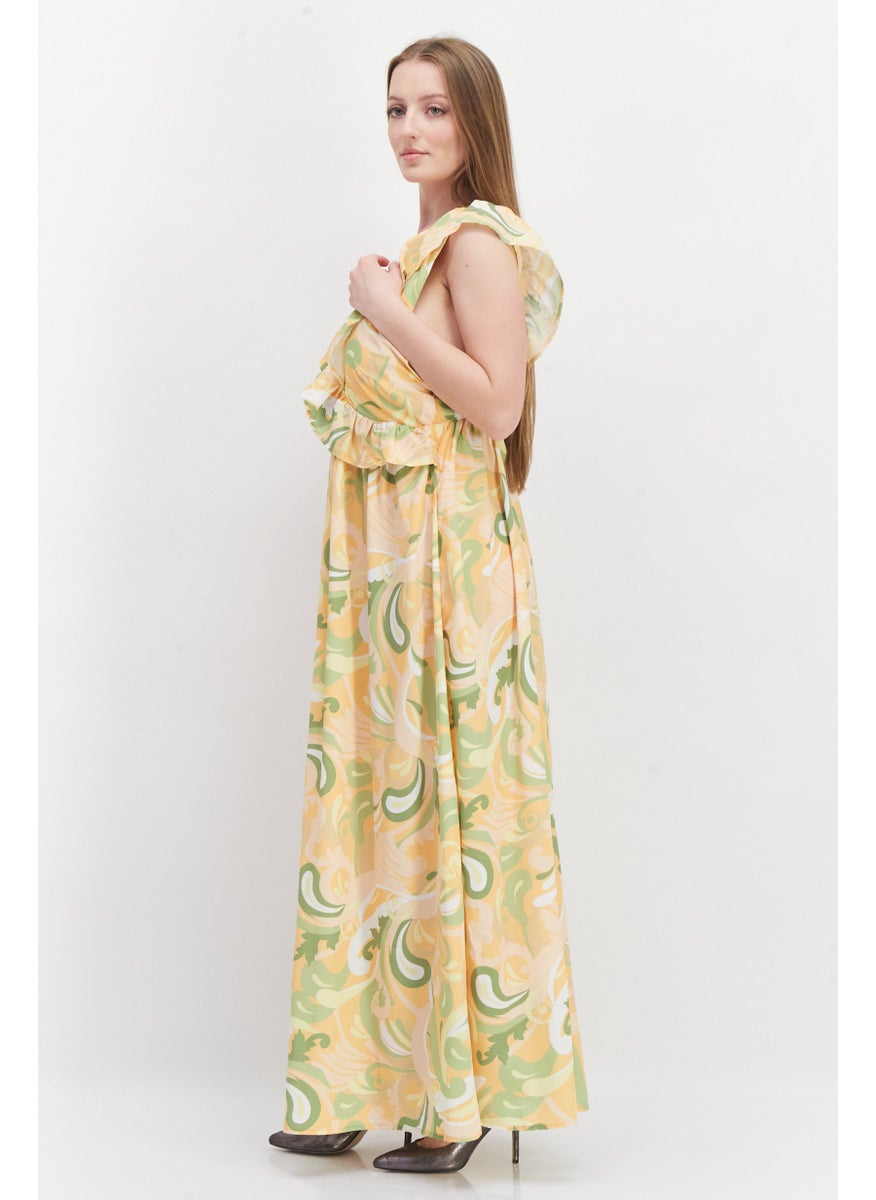 RIVER ISLAND - فستان ماكسي ملفوف جيدي مزين بالأهداب للنساء، مزيج أصفر - Image 1