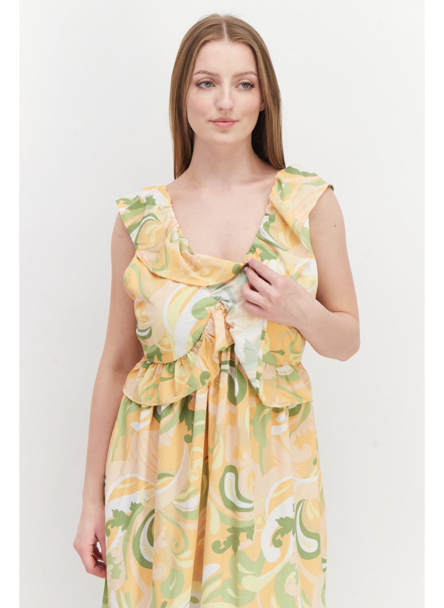 RIVER ISLAND - فستان ماكسي ملفوف جيدي مزين بالأهداب للنساء، مزيج أصفر - Image 1