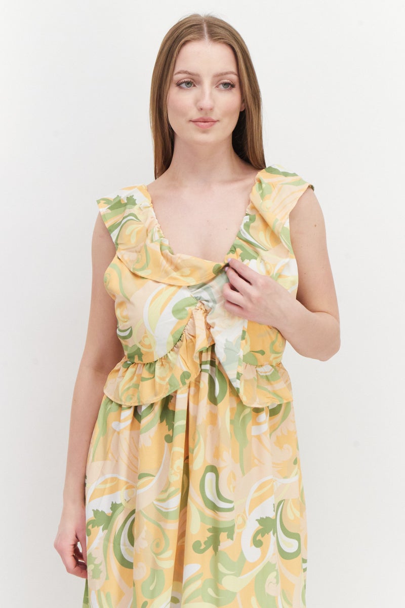 RIVER ISLAND Women Izzy Ruffle Wrap Maxi Dress, Yellow Combo - Image 1