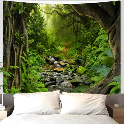 AMM Green Rainforest Tapestry Nature Forest Tapestry for Bedroom Aesthetic Misty Tropical Jungle Trees Flowing Stream Landscape Tapestries Wall Hanging for Living Room Dorm 90 x 68 Inch - Image 3