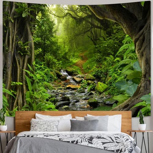 AMM Green Rainforest Tapestry Nature Forest Tapestry for Bedroom Aesthetic Misty Tropical Jungle Trees Flowing Stream Landscape Tapestries Wall Hanging for Living Room Dorm 90 x 68 Inch - Image 5
