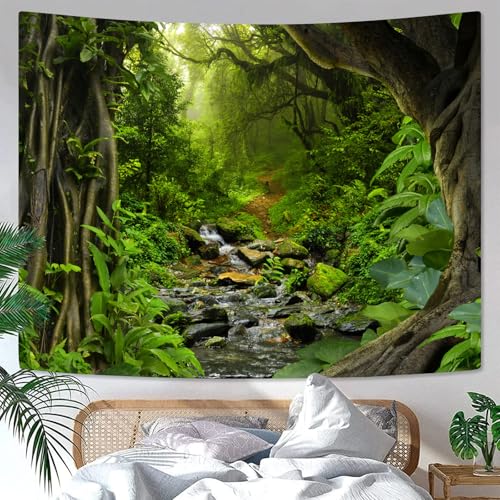 AMM Green Rainforest Tapestry Nature Forest Tapestry for Bedroom Aesthetic Misty Tropical Jungle Trees Flowing Stream Landscape Tapestries Wall Hanging for Living Room Dorm 90 x 68 Inch - Image 4