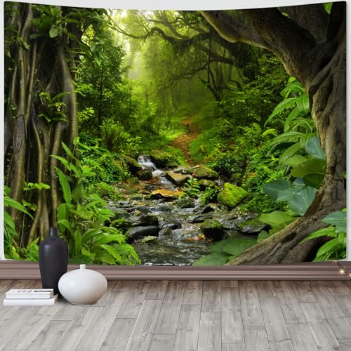 AMM Green Rainforest Tapestry Nature Forest Tapestry for Bedroom Aesthetic Misty Tropical Jungle Trees Flowing Stream Landscape Tapestries Wall Hanging for Living Room Dorm 90 x 68 Inch - Image 1