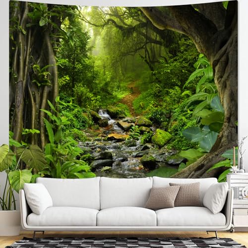 AMM Green Rainforest Tapestry Nature Forest Tapestry for Bedroom Aesthetic Misty Tropical Jungle Trees Flowing Stream Landscape Tapestries Wall Hanging for Living Room Dorm 90 x 68 Inch - Image 2
