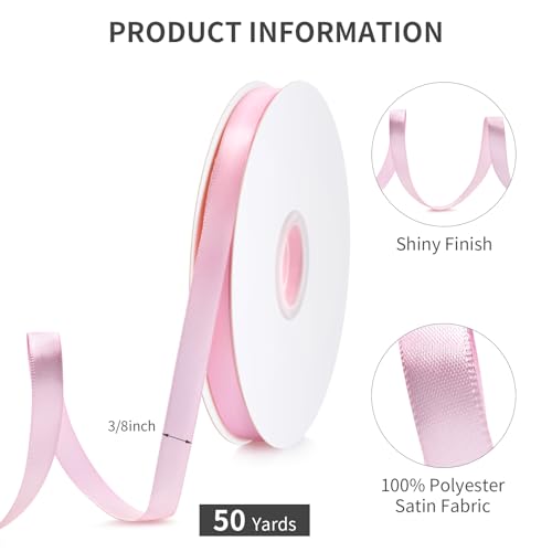 WUINOID 3/8" Pink Ribbon, 50 Yards Ribbon for Gift Wrapping, Satin Fabric Ribbons for Flower Bouquet Bridal Wedding Party Decoration Crafts Bow Making, Present Wrapping Ribbons for Every Holiday - Image 2