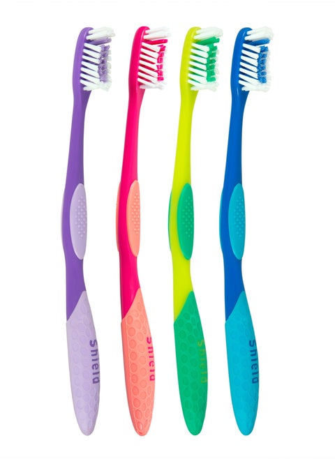 Shield Care Pro-Clean Toothbrush with Small Head for Better Reach (Family Care - Soft Bristles) Individually Wrapped - 4 Colors - 4 Count (Pack of 1)