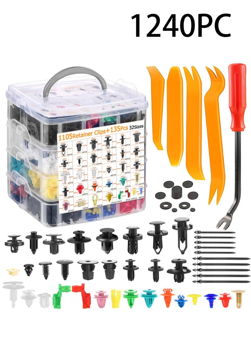 Generic 1240 Pcs Car Retainer Clips & Fasteners Kit – 32 Universal Sizes Nylon Bumper, Fender Rivets, Door Panel Clips, and Plastic Rivets with 10 Cable Ties and Removal Tool for Toyota, Ford, Honda, Chevy  - Image 1