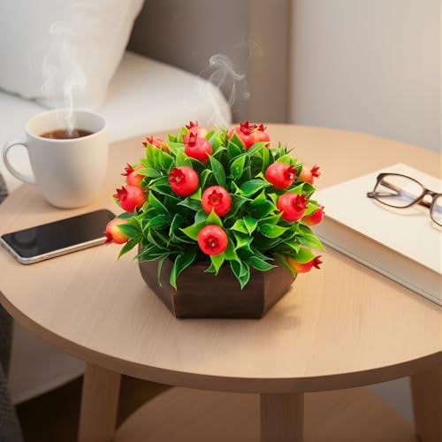 fancymart Artificial Fruit Pomegranate in Wood Hexagon Pot - 15cm Height - Home & Office Decor Elegant Potted Plant for Tabletop Enhancement - Image 2