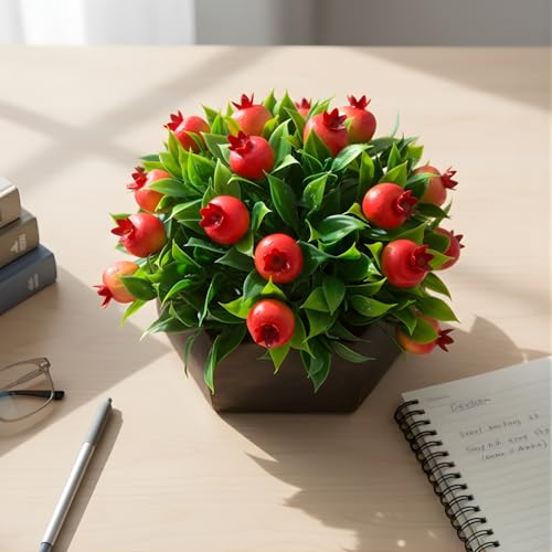 fancymart Artificial Fruit Pomegranate in Wood Hexagon Pot - 15cm Height - Home & Office Decor Elegant Potted Plant for Tabletop Enhancement - Image 1