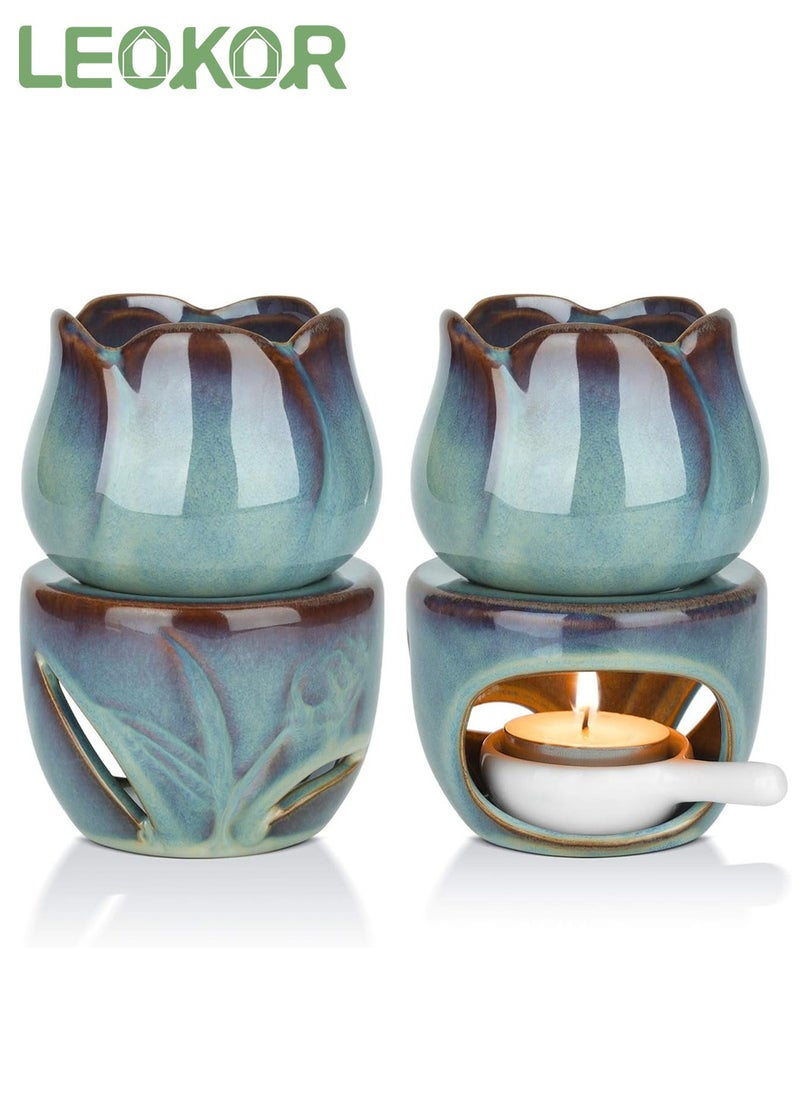 LEOKOR 2 Pack Ceramic Tealight Candle Holder, Home Decoration Essential Oil Aromatherapy Stove, Wax Melt Essential Oil Burner with Candle Spoon  - Image 1