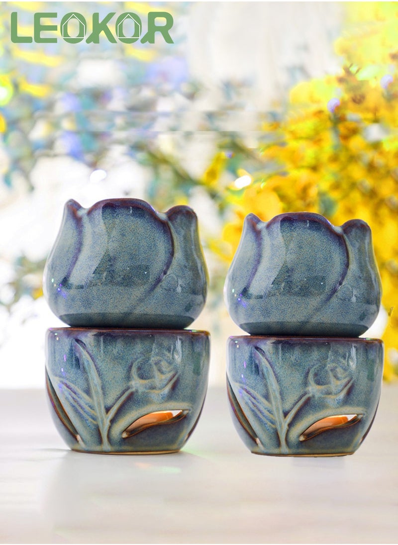 LEOKOR 2 Pack Ceramic Tealight Candle Holder, Home Decoration Essential Oil Aromatherapy Stove, Wax Melt Essential Oil Burner with Candle Spoon  - Image 2