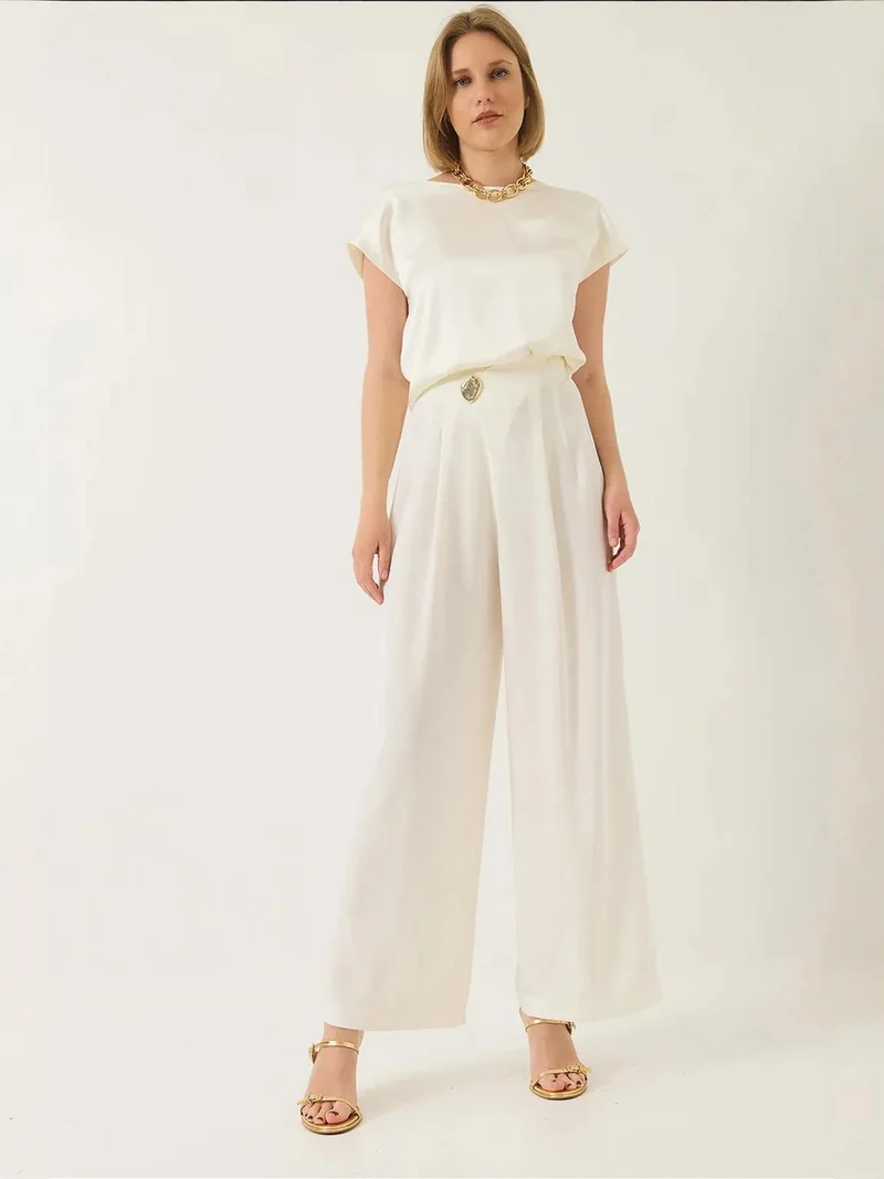 LUCCI High Waist Wide Leg Pants with Pompom Detail