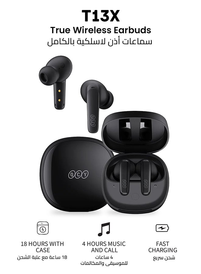 كيو سي واي سماعات أذن لاسلكية T13X TWS مع بلوتوث 5.3 و4 ميكروفونات مع خاصية إلغاء الضوضاء ENC ومقاومة الماء وأدوات التحكم باللمس وعمر بطارية طويل أسود - Image 1