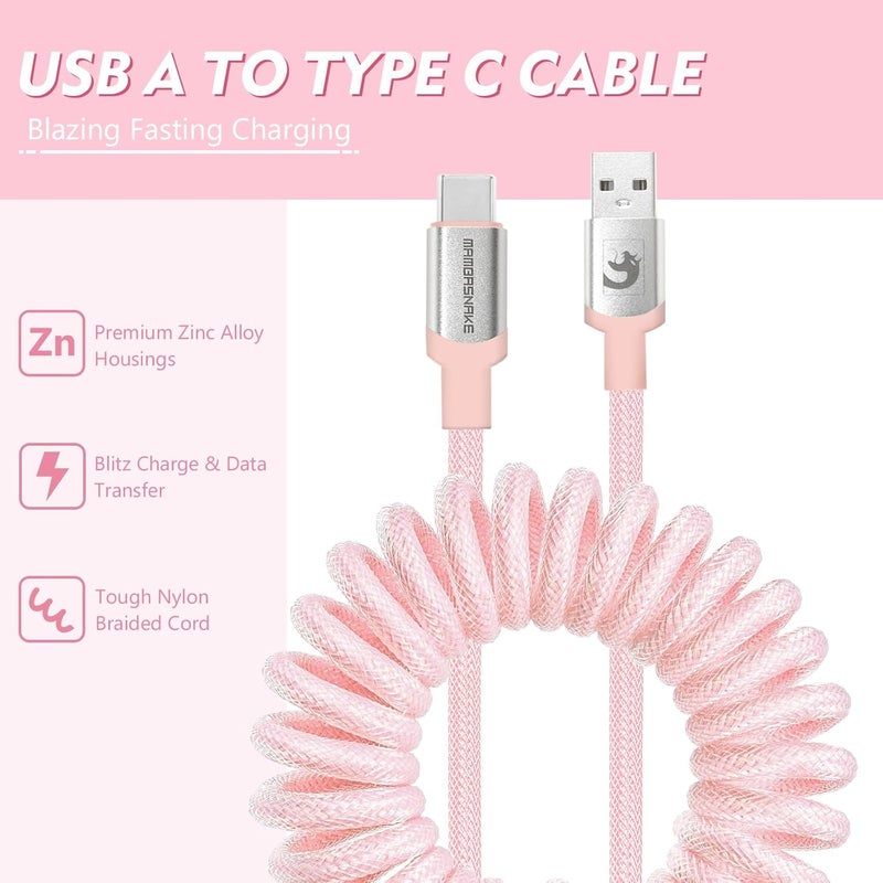 MAMBASNAKE كابل USB-C ملتف من للوحة المفاتيح المخصصة للألعاب، مضفر من النايلون مع موصل طيار معدني قابل للفصل، نوع C فائق السرعة مع معدل إرجاع 8 كيلوهرتز، طول 4.92 قدم (C01Pro/وردي) - Image 5