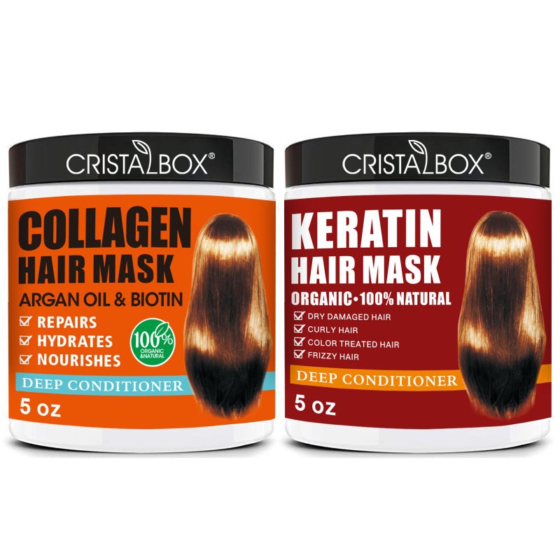 Cristalbox 2 Pack Collagen Hair Mask & Keratin Hair Mask,Keratin Hair Treatment,Repair Treatment Deep Conditioning Hair Treatment Mask for Damaged Hair,Hydrating Conditioner with Argan Oil for Dry Hair - Image 1