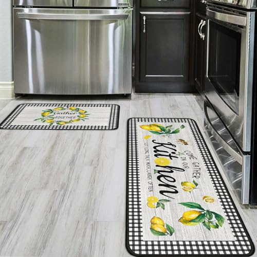 Ideasonna Lemon Kitchen Rug Mat Decor Buffalo Plaid Summer Kitchen Rugs Sets of 2 Washable Non-Slip Kitchen Floor Mats Lemon Decorations for Kitchen - Image 4