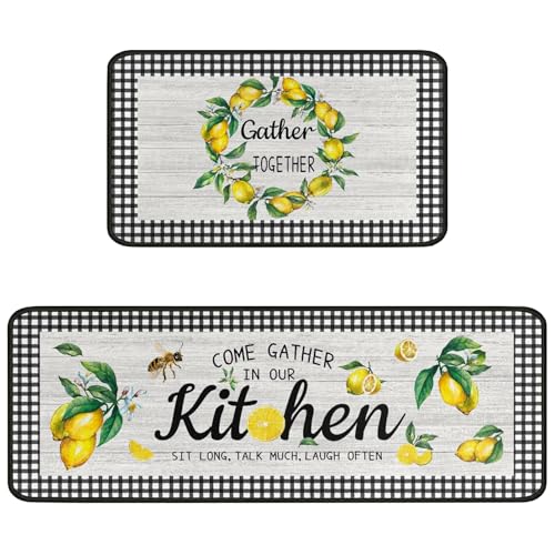 Ideasonna Lemon Kitchen Rug Mat Decor Buffalo Plaid Summer Kitchen Rugs Sets of 2 Washable Non-Slip Kitchen Floor Mats Lemon Decorations for Kitchen - Image 1