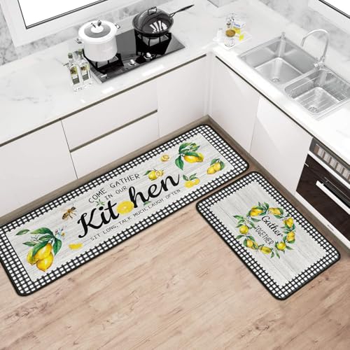 Ideasonna Lemon Kitchen Rug Mat Decor Buffalo Plaid Summer Kitchen Rugs Sets of 2 Washable Non-Slip Kitchen Floor Mats Lemon Decorations for Kitchen - Image 3
