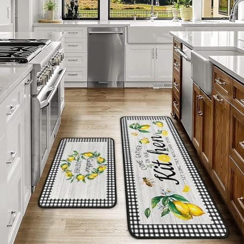 Ideasonna Lemon Kitchen Rug Mat Decor Buffalo Plaid Summer Kitchen Rugs Sets of 2 Washable Non-Slip Kitchen Floor Mats Lemon Decorations for Kitchen - Image 2
