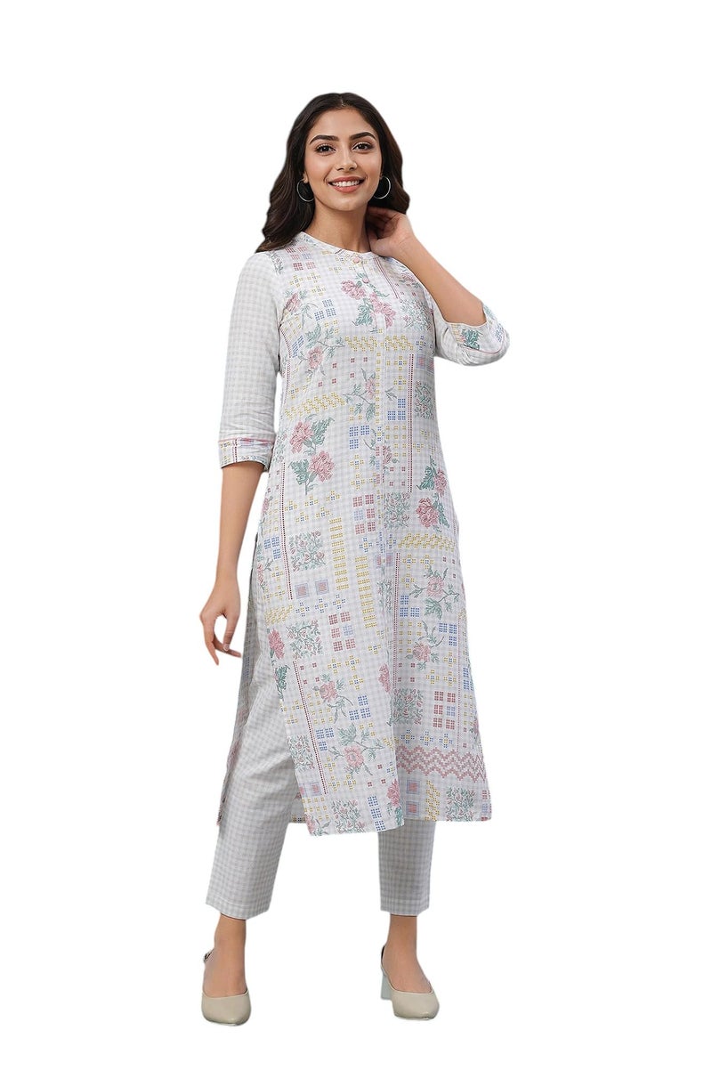 Aurelia Floral Printed White Cotton Blend Women's Kurta and Trousers Set - Image 5