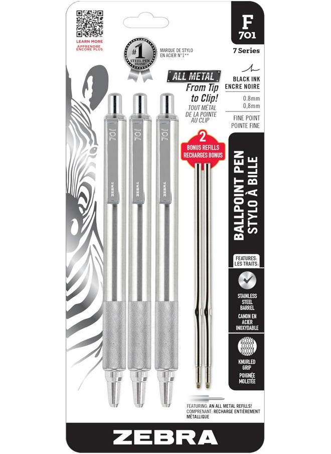 Zebra Pen F-701 Retractable Ballpoint Pen, Stainless Steel Barrel, Fine Point, 0.8Mm, Black Ink, 3-Pack Plus 2 Refills (29412)  - Image 1