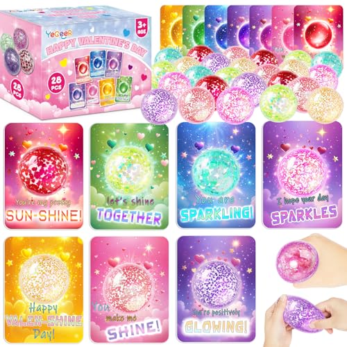YEGEER 28 Pack Valentines Day Gifts for Kids 28Pcs Valentines Stretchy Ball with 28Pcs Cards Classroom Exchange Prizes Party Favors Kids Valentines Day Cards Ideal Valentine Gifts for Boys Girls - Image 1