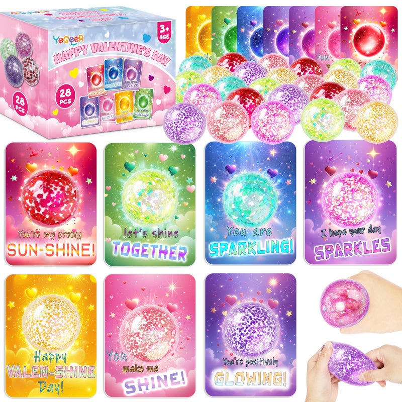 YEGEER 28 Pack Valentines Day Gifts for Kids 28Pcs Valentines Stretchy Ball with 28Pcs Cards Classroom Exchange Prizes Party Favors Kids Valentines Day Cards Ideal Valentine Gifts for Boys Girls - Image 3