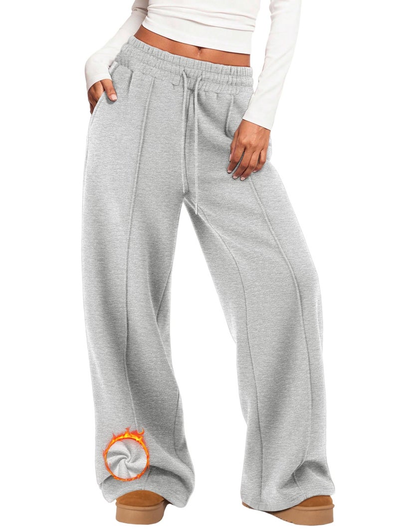 MIROMIHO Womens Wide Leg Sweatpants Fleece Lined Baggy Pants Drawstring Athletic Joggers Fashion Winter Outfits Grey - Image 1