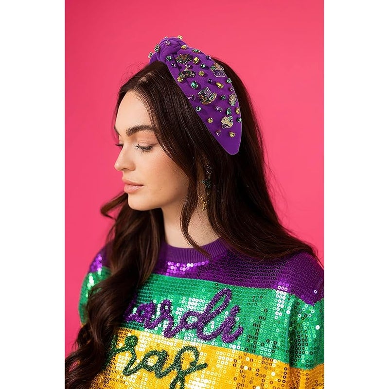 MOLOCH Mardi Gras Headband - Carnival Hair Accessories for Women, Glitter Top Hat Crown Mask, Knotted Purple Green Gold Crystal Jeweled Headband, Parade Party Gifts - Image 2