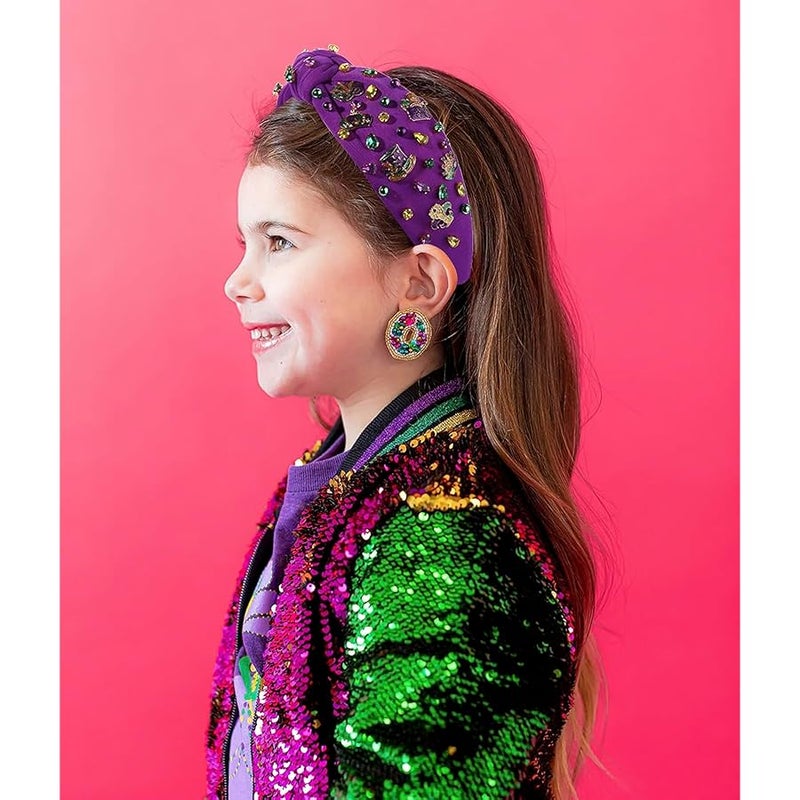 MOLOCH Mardi Gras Headband - Carnival Hair Accessories for Women, Glitter Top Hat Crown Mask, Knotted Purple Green Gold Crystal Jeweled Headband, Parade Party Gifts - Image 3
