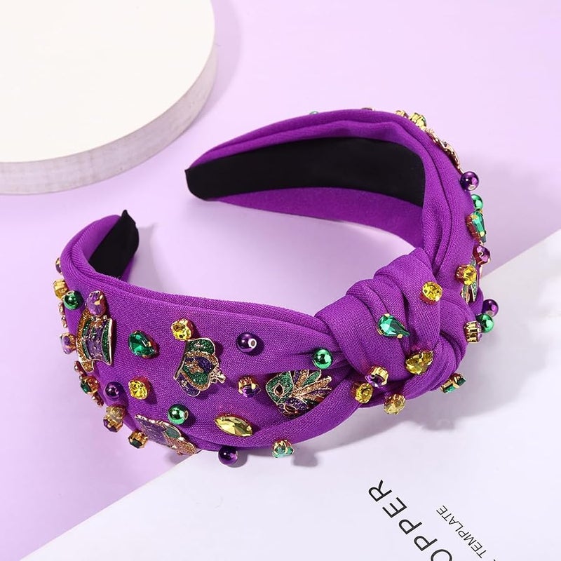 MOLOCH Mardi Gras Headband - Carnival Hair Accessories for Women, Glitter Top Hat Crown Mask, Knotted Purple Green Gold Crystal Jeweled Headband, Parade Party Gifts - Image 5