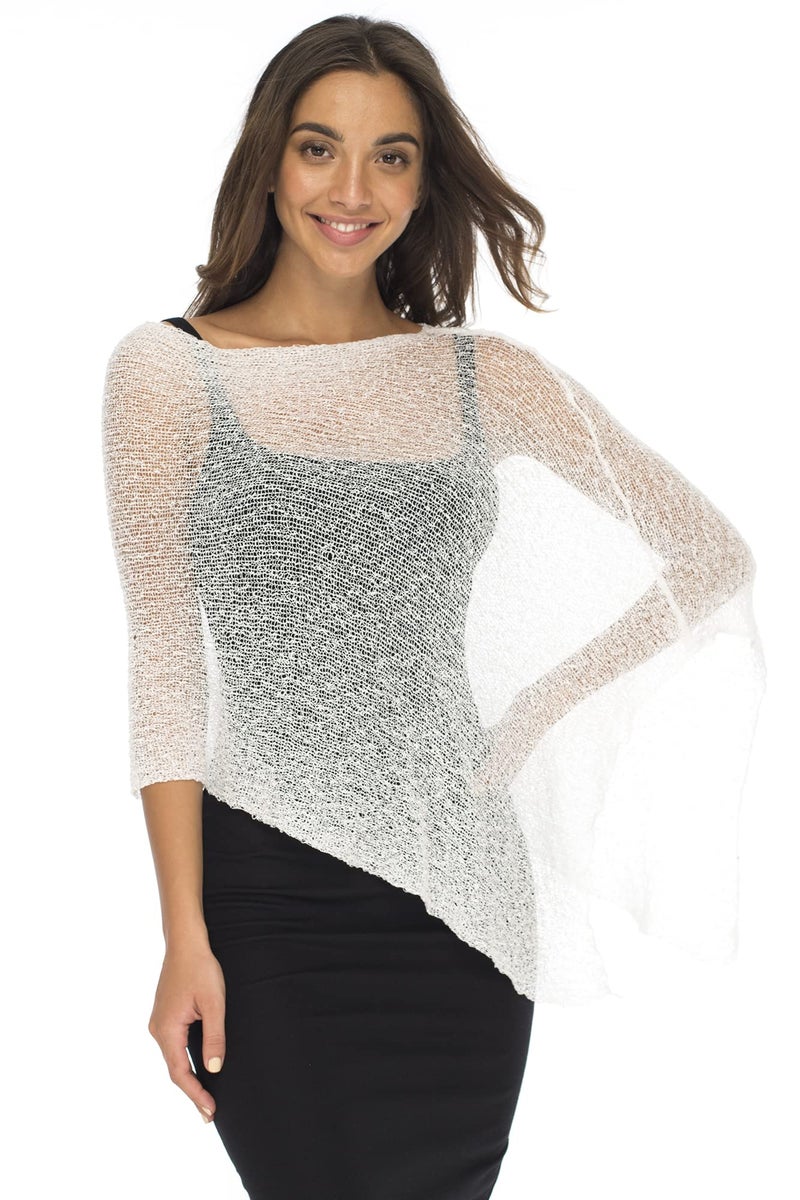 Back From Bali Womens Sheer Poncho Shrug Bolero, Lightweight Summer Shrug Pullover Sweater White - Image 1