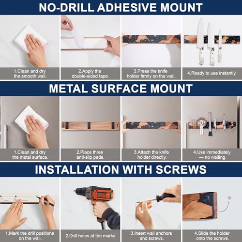 ENOKING Magnetic Knife Holder for Wall 16 Inch, Acacia Burl Wood & Black Resin Magnetic Knife Strip Bar, Powerful Magnet Kitchen Knife Storage Rack, Space-Saving Wall Mounted Organizer - Image 5