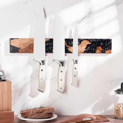 ENOKING Magnetic Knife Holder for Wall 16 Inch, Acacia Burl Wood & Black Resin Magnetic Knife Strip Bar, Powerful Magnet Kitchen Knife Storage Rack, Space-Saving Wall Mounted Organizer - Image 3