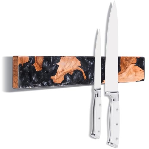 ENOKING Magnetic Knife Holder for Wall 16 Inch, Acacia Burl Wood & Black Resin Magnetic Knife Strip Bar, Powerful Magnet Kitchen Knife Storage Rack, Space-Saving Wall Mounted Organizer - Image 1