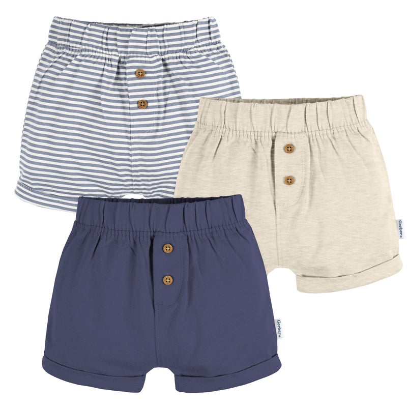 Gerber Baby Unisex 3-Pack Pull-On Knit Short, Navy/Oatmeal/Stripe, 24 Months - Image 1
