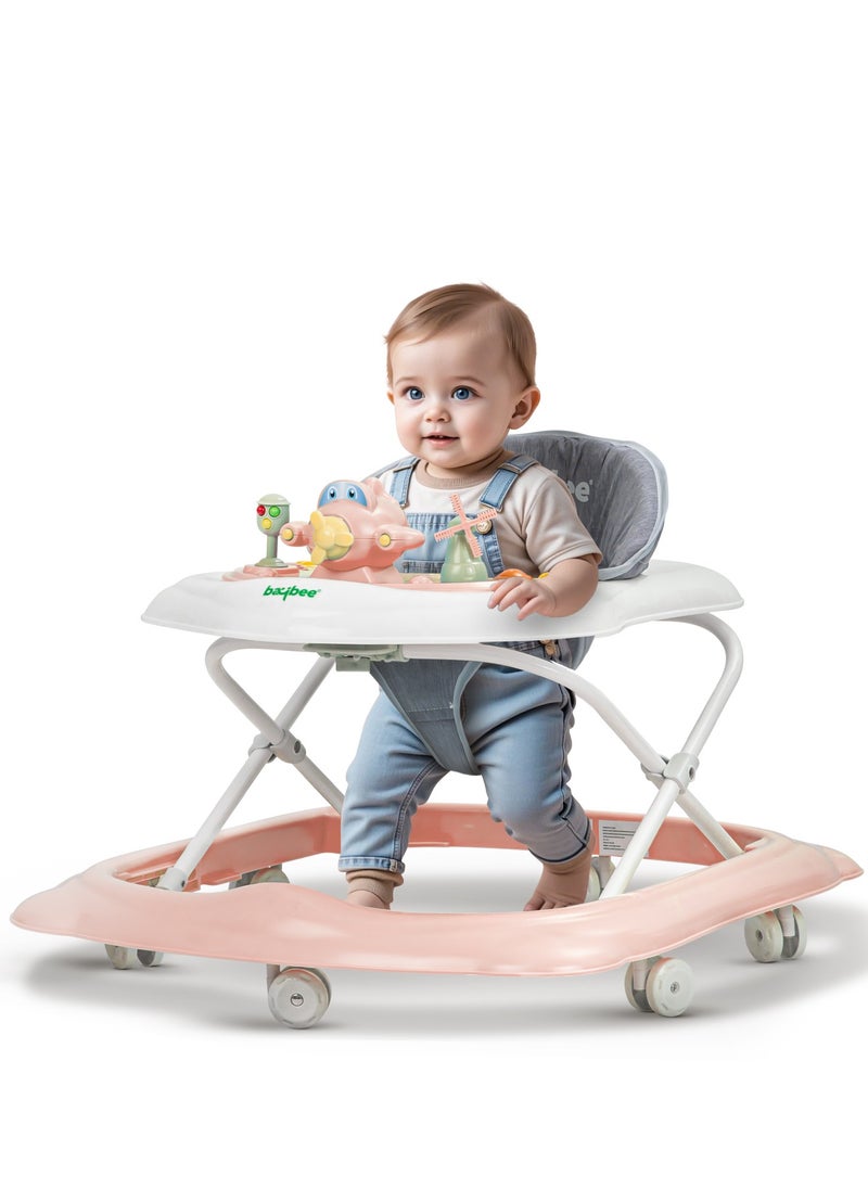 BAYBEE Hopper Baby Walker for Kids, Foldable Kids Walker with 3 Position Adjustable Height & Musical Toy Bar Activity Walker for Toddlers Walker for Baby Boy Girl 6 to 18 Months Pink  - Image 1