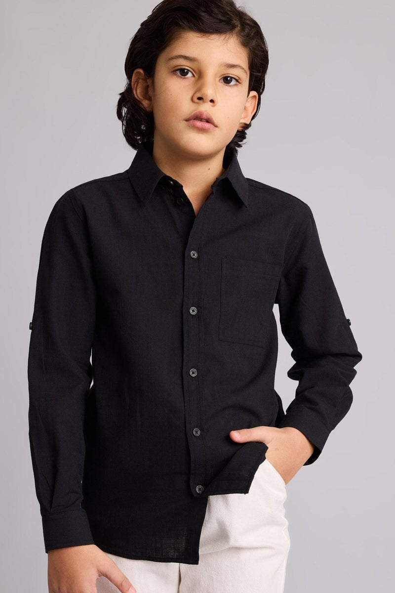 DeFacto Black Boy Boy Regular Fit Long Sleeve Linen Look Shirt Casual - Image 3
