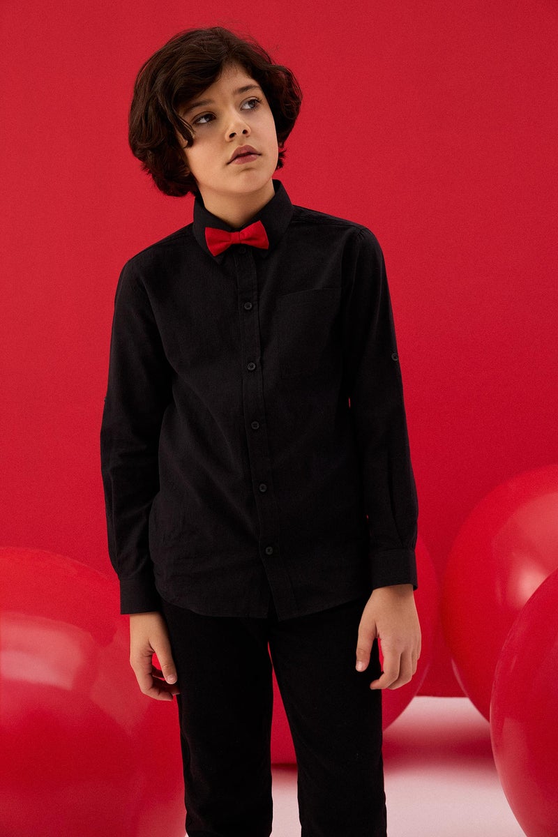 DeFacto Black Boy Boy Regular Fit Long Sleeve Linen Look Shirt Casual - Image 1